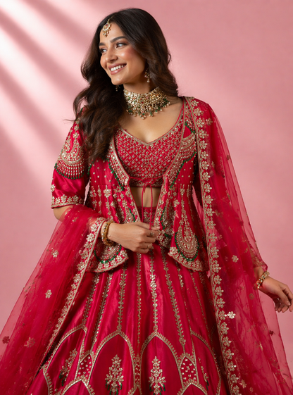Fuchsia Red Bridal Garara with Peplum Top with Intricate Gold Embroidery, Stone & Bead Work