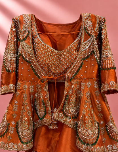 Burned Orange Bridal Garara with Peplum Top with Intricate Gold Embroidery, Stone & Bead Work