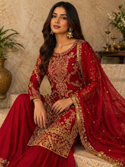 Red Embroidered Georgette Punjabi Set with Palazzo & Dupatta | Festive Occasion Wear