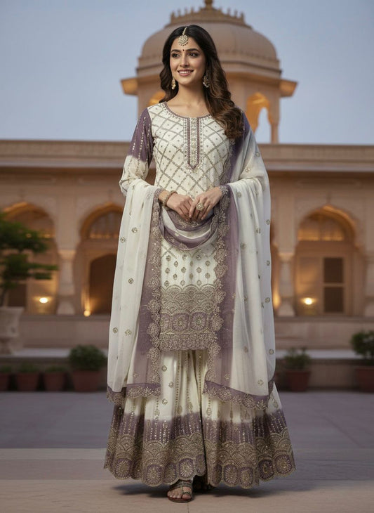 White and Purple Designer Embroidered Georgette Top & Palazzo Set | Ready-to-Wear