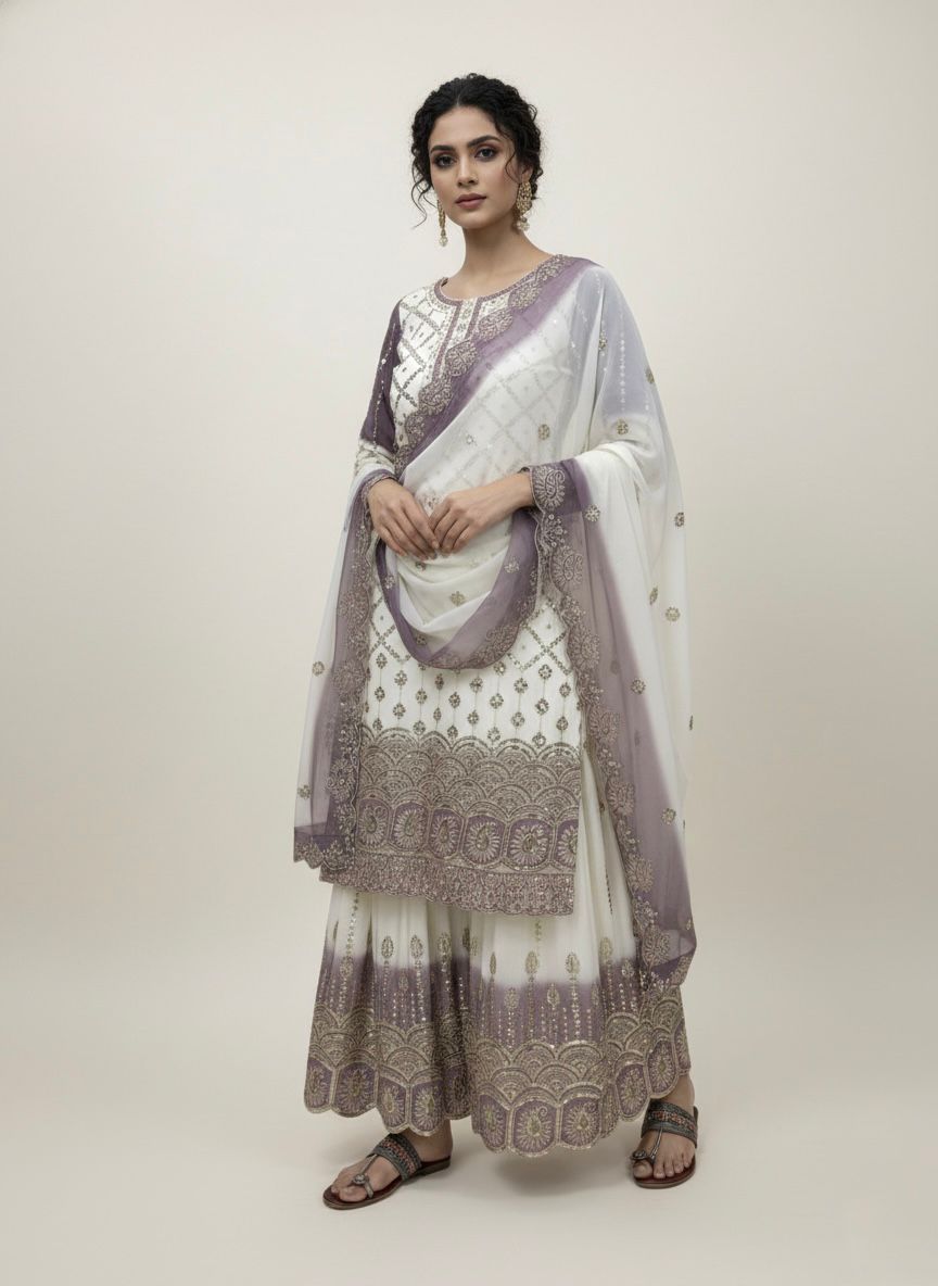 White and Purple Designer Embroidered Georgette Top & Palazzo Set | Ready-to-Wear
