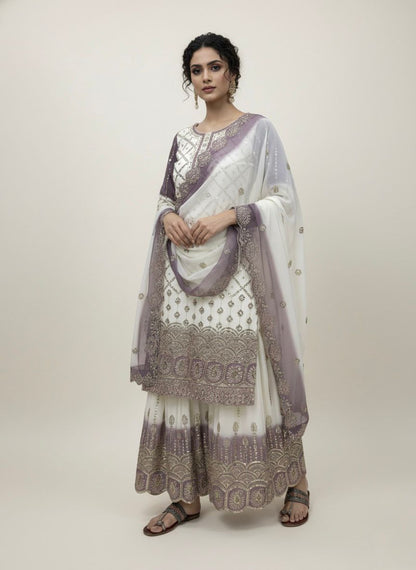 White and Purple Designer Embroidered Georgette Top & Palazzo Set | Ready-to-Wear