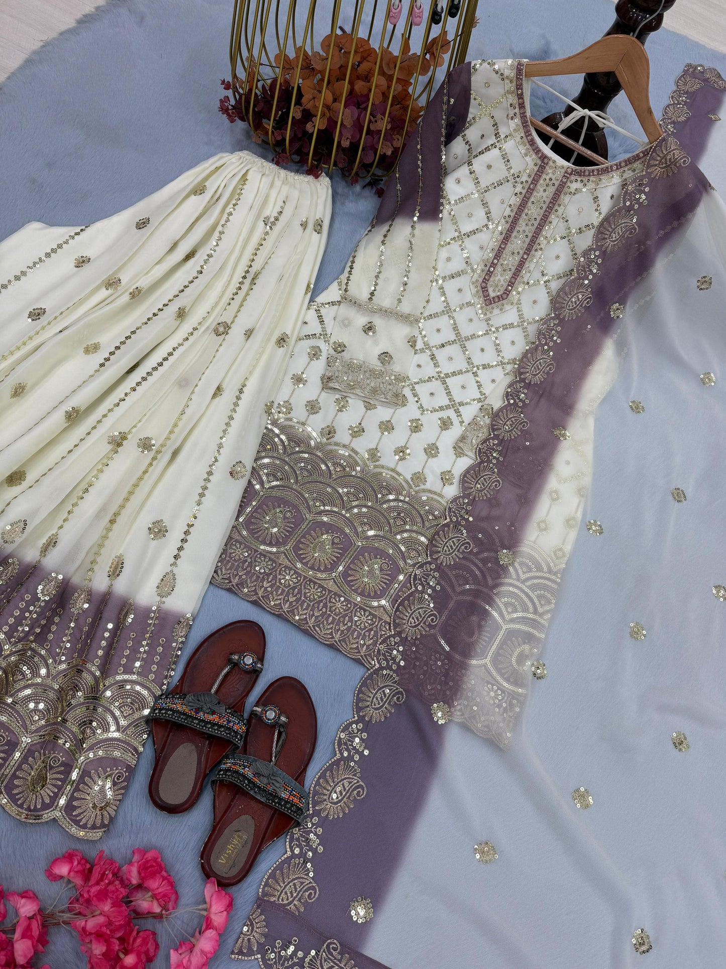 White and Purple Designer Embroidered Georgette Top & Palazzo Set | Ready-to-Wear