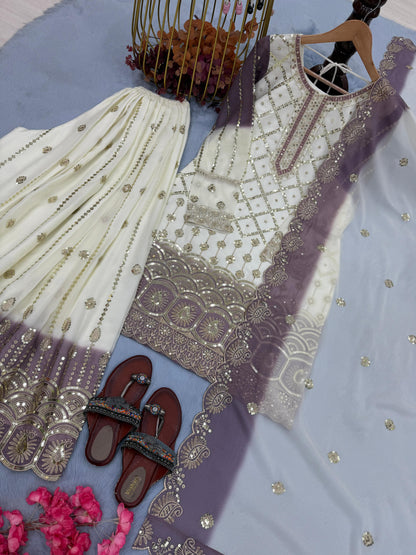 White and Purple Designer Embroidered Georgette Top & Palazzo Set | Ready-to-Wear
