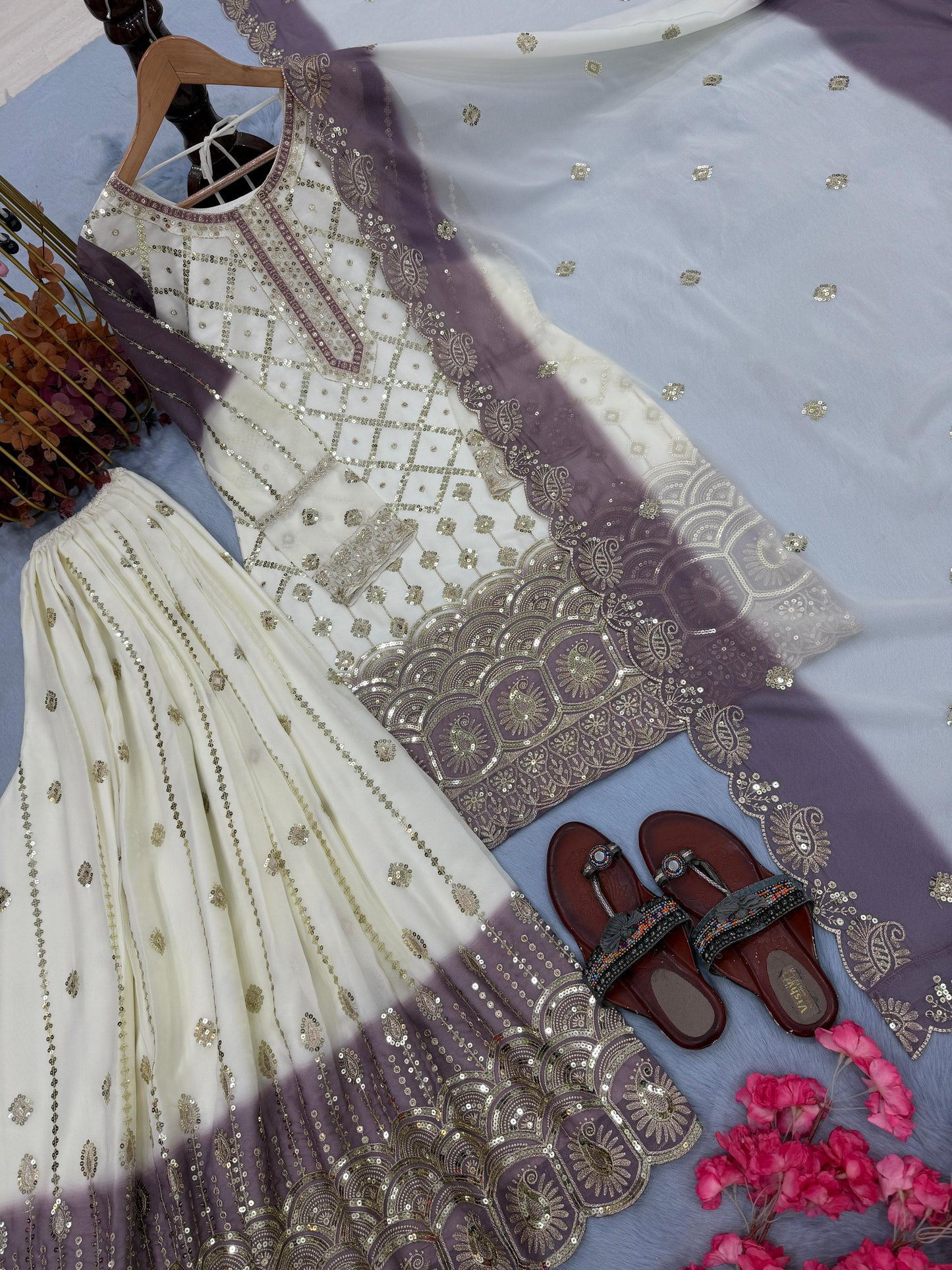 White and Purple Designer Embroidered Georgette Top & Palazzo Set | Ready-to-Wear