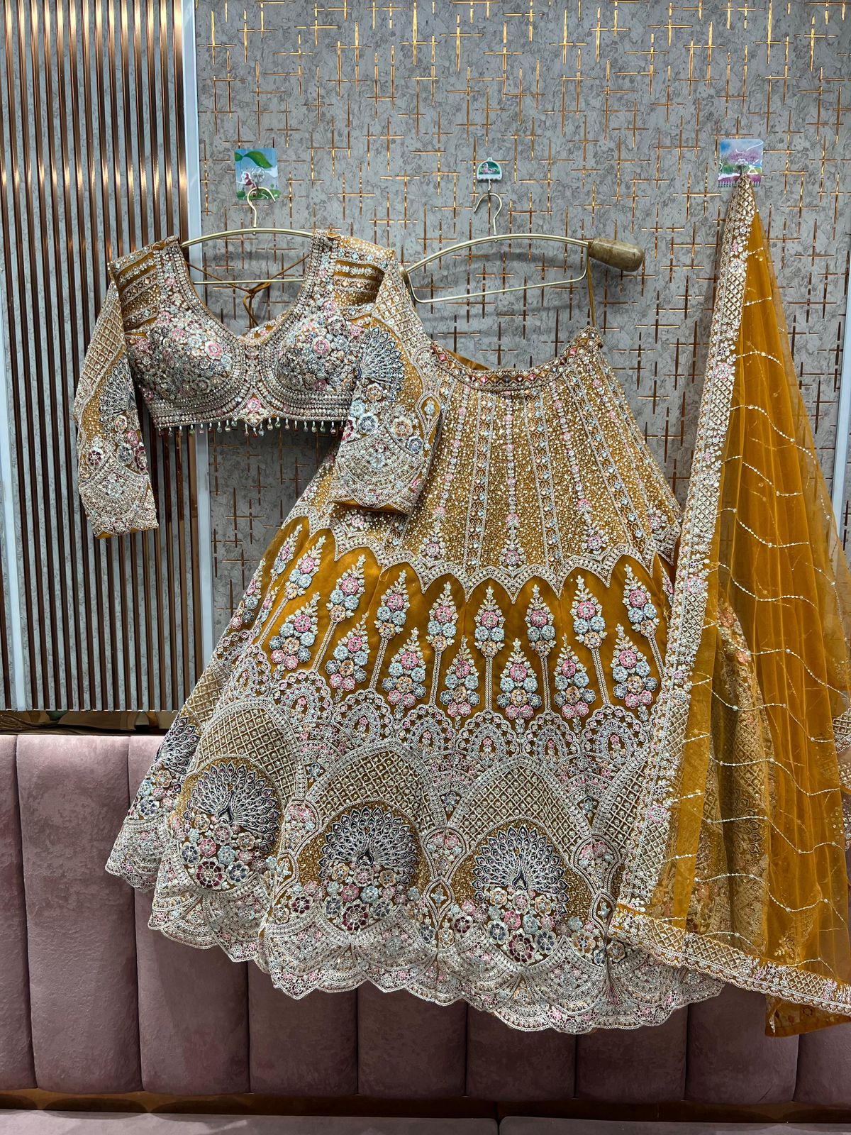 Gold Heavy Embellished Bridal Lehenga – Stone & Bead Work Elegance with Full Flair