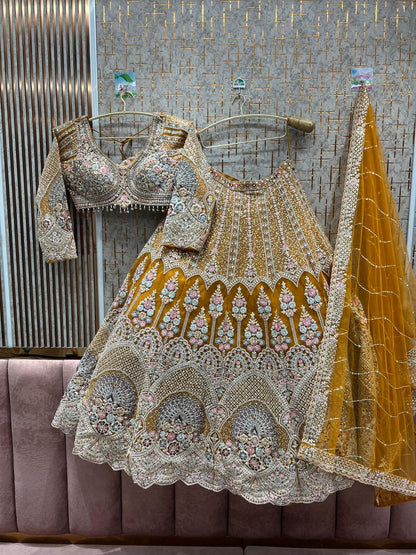 Gold Heavy Embellished Bridal Lehenga – Stone & Bead Work Elegance with Full Flair