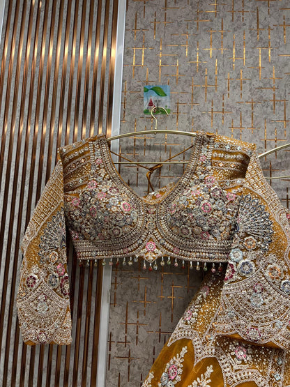 Gold Heavy Embellished Bridal Lehenga – Stone & Bead Work Elegance with Full Flair