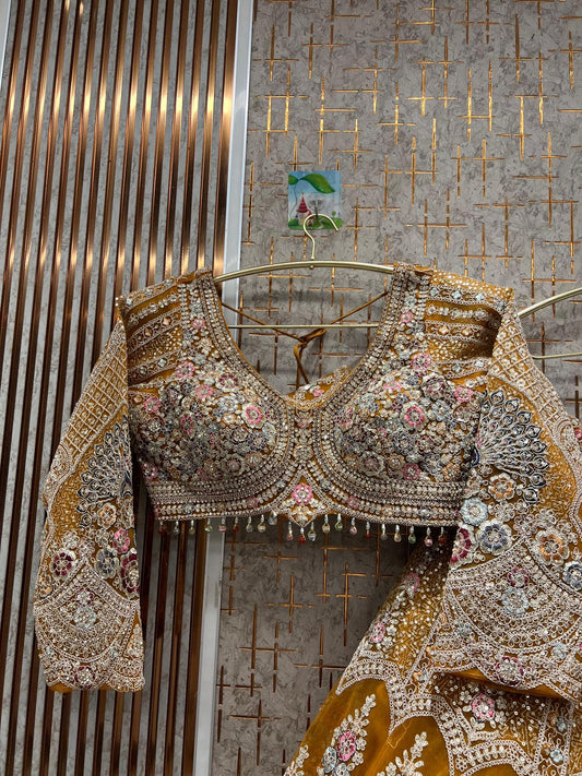 Gold Heavy Embellished Bridal Lehenga – Stone & Bead Work Elegance with Full Flair