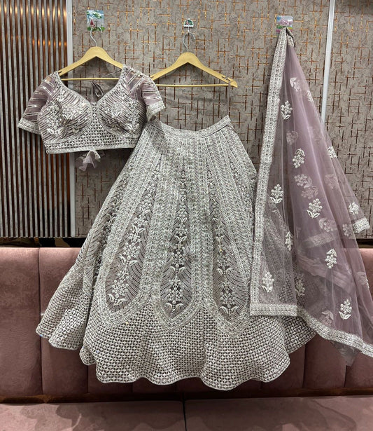Mauve Lehenga with Heavy White Embroidery – Luxe Bridal & Event Wear with Full Flair