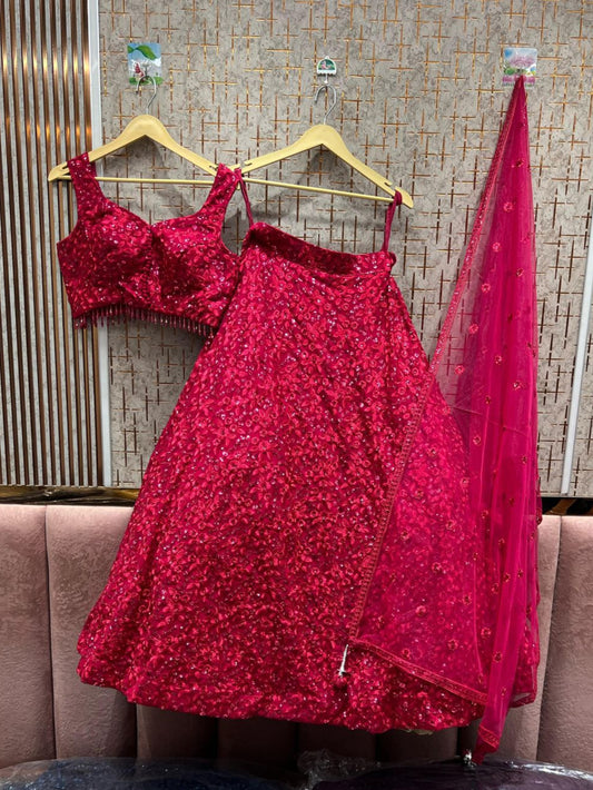 Red on Red Heavy Embellished Bridal Lehenga – Luxe Stone & Sequin Work