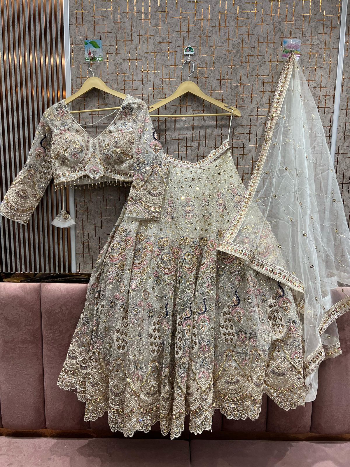 Ivory Bridal Lehenga with Pink Accents –  Embroidery, Stone & Bead Work