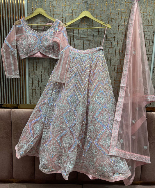Peach Pink Lehenga with Periwinkle Blue Embellishment – Luxe Bridal & Occasion Wear