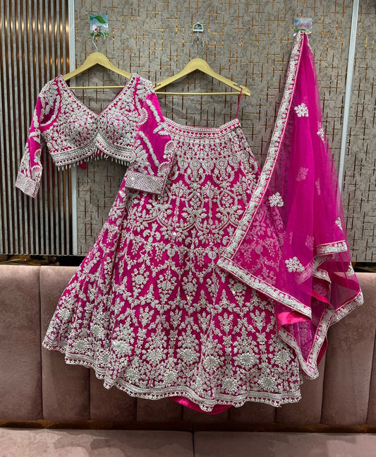 Deep Pink Heavy Embellished Bridal Lehenga with Intricate Stone & Sequin Work – Luxe Indian Wear