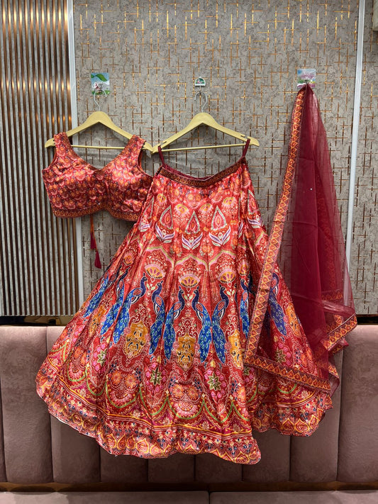 Pink-Red Luxe Lehenga with Peacock Motif Print