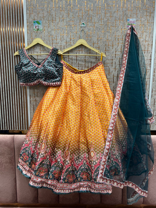 Yellow & Deep Teal Paisley Print Lehenga Set