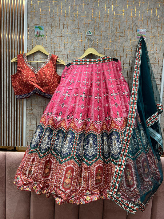 Pink Paisley Royale Lehenga Set with Teal & Red Accents