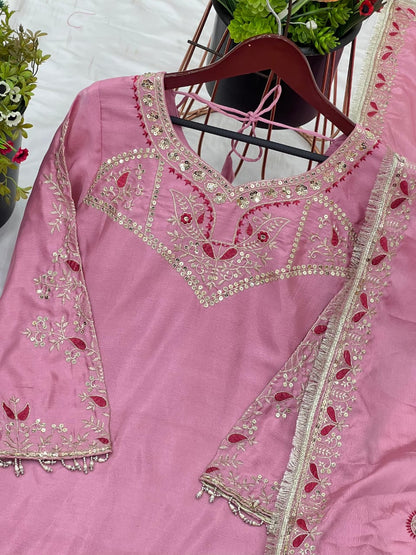 Pink Pure Chinnon Embroidered Sharara Palazzo Set with Dupatta