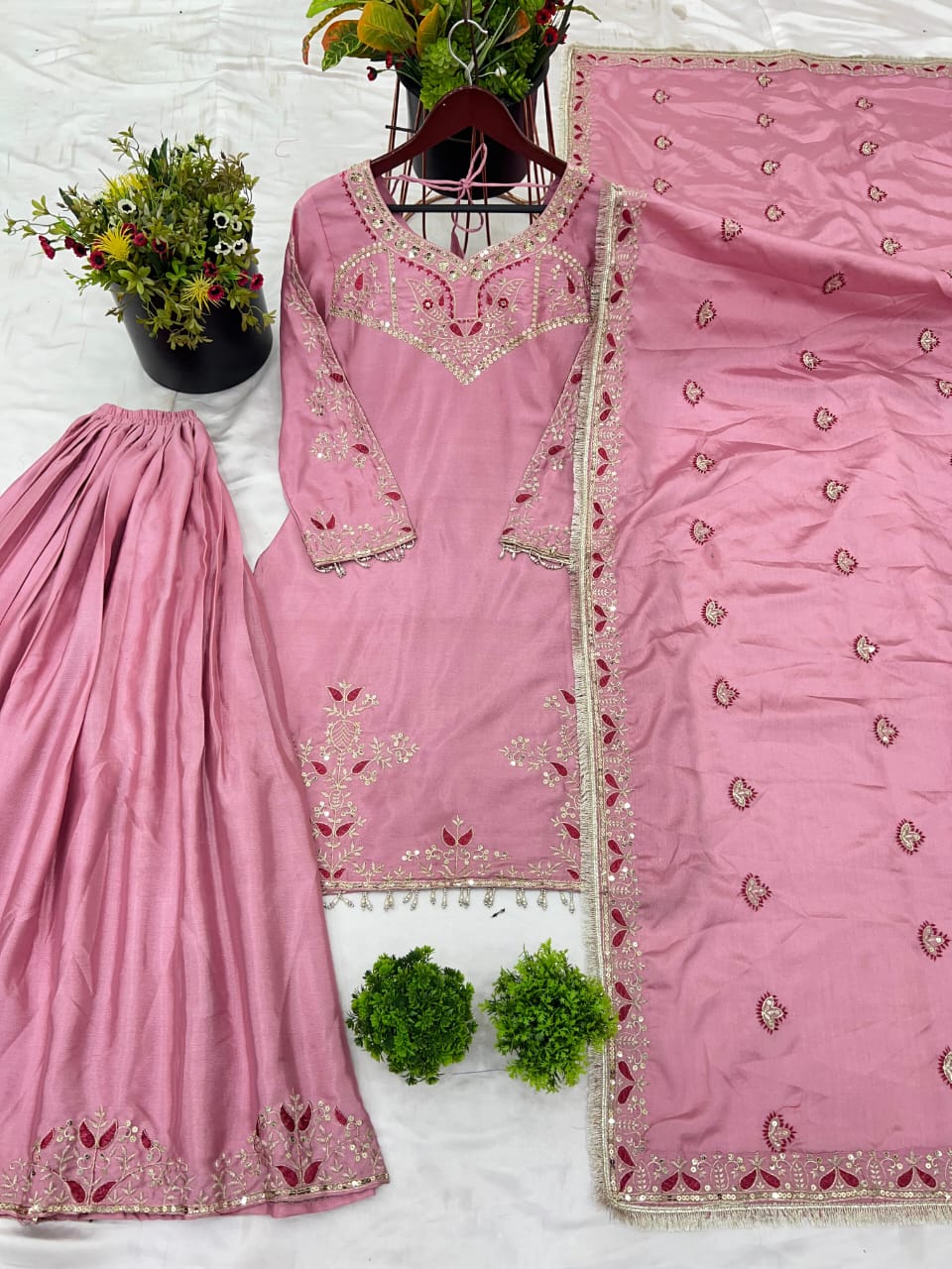 Pink Pure Chinnon Embroidered Sharara Palazzo Set with Dupatta
