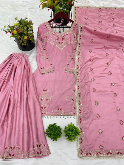 Pink Pure Chinnon Embroidered Sharara Palazzo Set with Dupatta