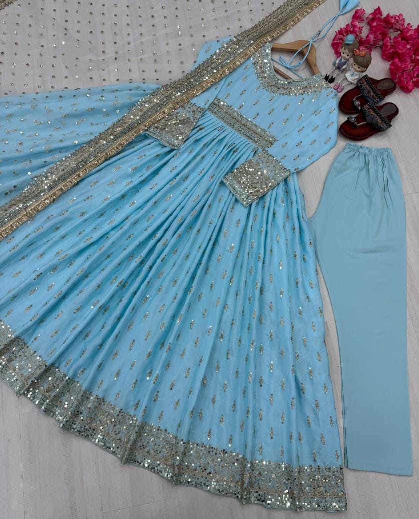 Blue, Orange or Green Chinon Silk Embroidered Anarkali  Gown Set with Butterfly Net Dupatta