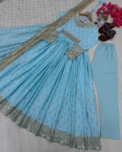 Blue, Orange or Green Chinon Silk Embroidered Anarkali  Gown Set with Butterfly Net Dupatta