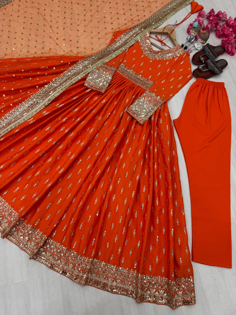 Blue, Orange or Green Chinon Silk Embroidered Anarkali  Gown Set with Butterfly Net Dupatta
