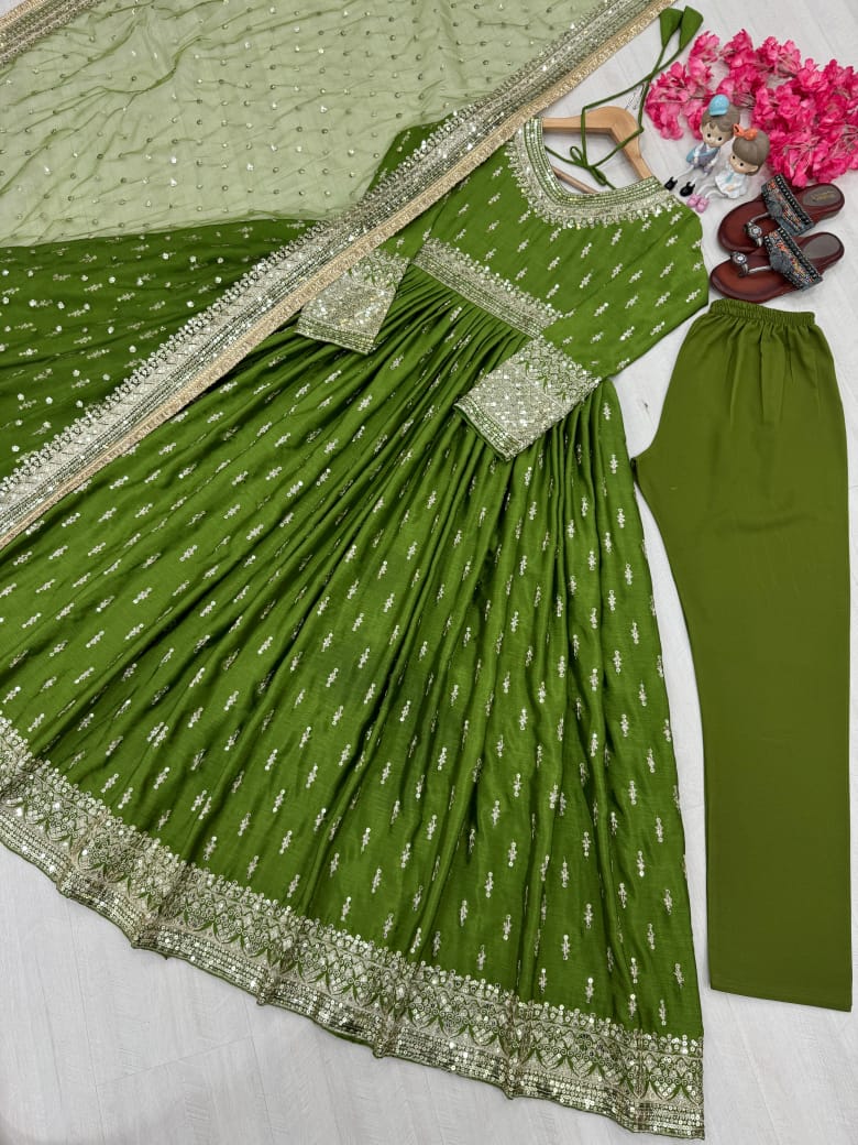 Blue, Orange or Green Chinon Silk Embroidered Anarkali  Gown Set with Butterfly Net Dupatta