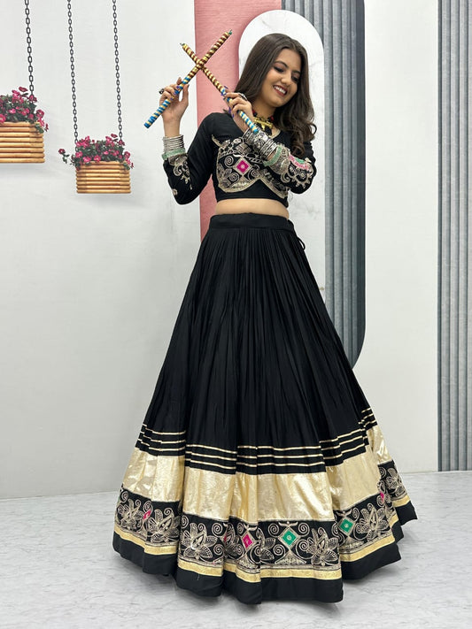 Green/ Mustard and Black Pure Cotton Lehenga Choli Set with 6-Meter Flair & Georgette Dupatta