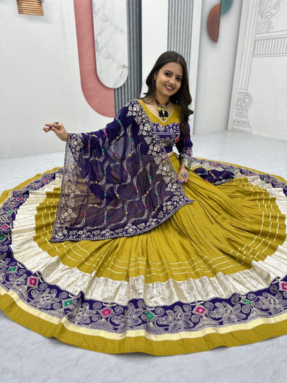 Green/ Mustard and Black Pure Cotton Lehenga Choli Set with 6-Meter Flair & Georgette Dupatta
