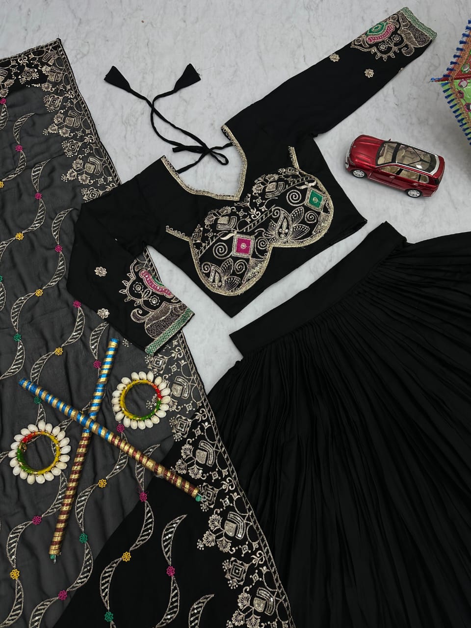 Green/ Mustard and Black Pure Cotton Lehenga Choli Set with 6-Meter Flair & Georgette Dupatta