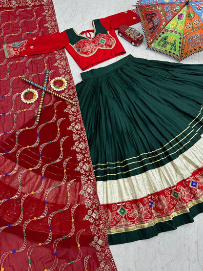 Green/ Mustard and Black Pure Cotton Lehenga Choli Set with 6-Meter Flair & Georgette Dupatta