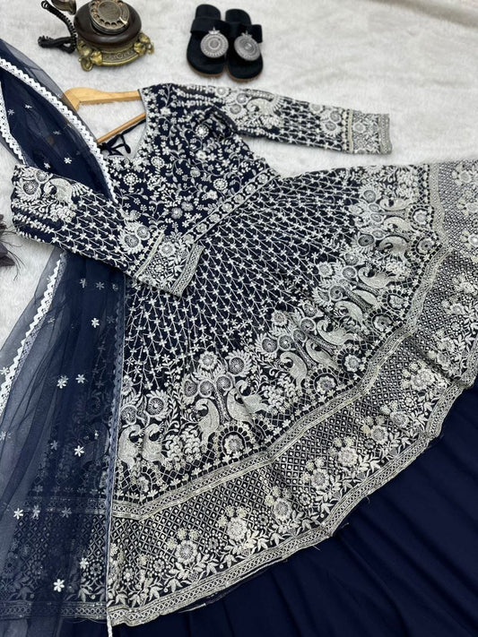 Dark Blue Embroidered Lehenga Set with Net Dupatta
