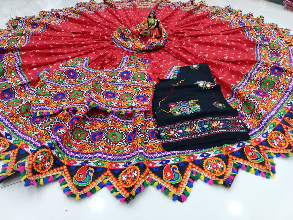Bandhani Cotton Lehenga Set with Real Mirror Work