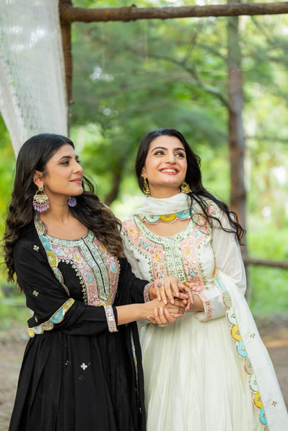 Silk Embroidered Anarkali Gown-Available in Red, White, Black and Purple