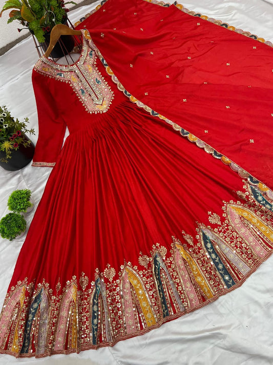 Silk Embroidered Anarkali Gown-Available in Red, White, Black and Purple