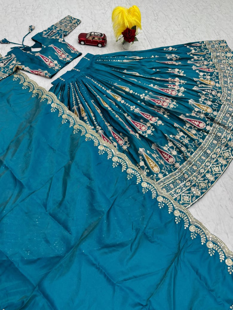 Blue Embroidered Lehenga Choli with Dupatta – Fully Stitched (Fits S to 2XL)