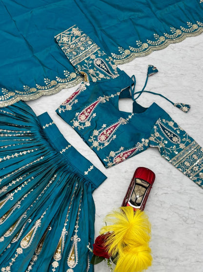 Blue Embroidered Lehenga Choli with Dupatta – Fully Stitched (Fits S to 2XL)