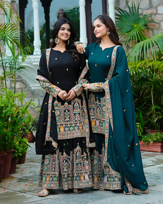Pure Chinon Green or Black Silk Embroidered Palazzo Set with Dupatta – Fully Stitched (XS to XXL)