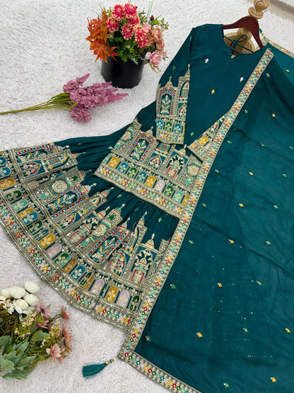 Pure Chinon Green or Black Silk Embroidered Palazzo Set with Dupatta – Fully Stitched (XS to XXL)