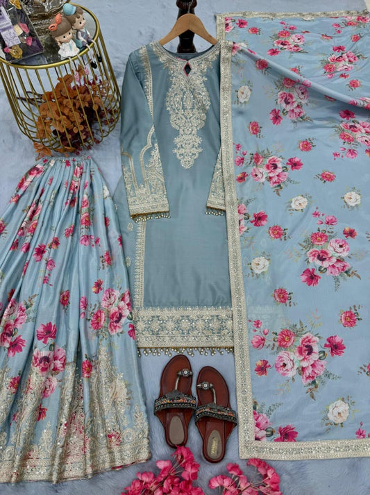 Designer Chinon Silk Palazzo Set with Embroidered Dupatta – Fully Stitched (XS to XXL)