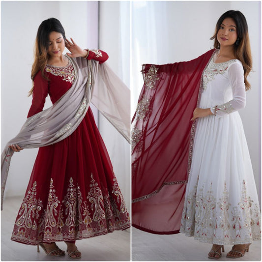 Heavy Georgette Dark red and White Embroidered Gowns with Dupatta – Fully Stitched (Sizes S to XXL)
