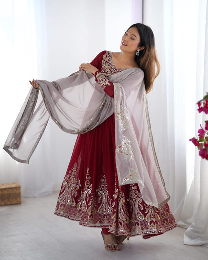 Heavy Georgette Dark red and White Embroidered Gowns with Dupatta – Fully Stitched (Sizes S to XXL)