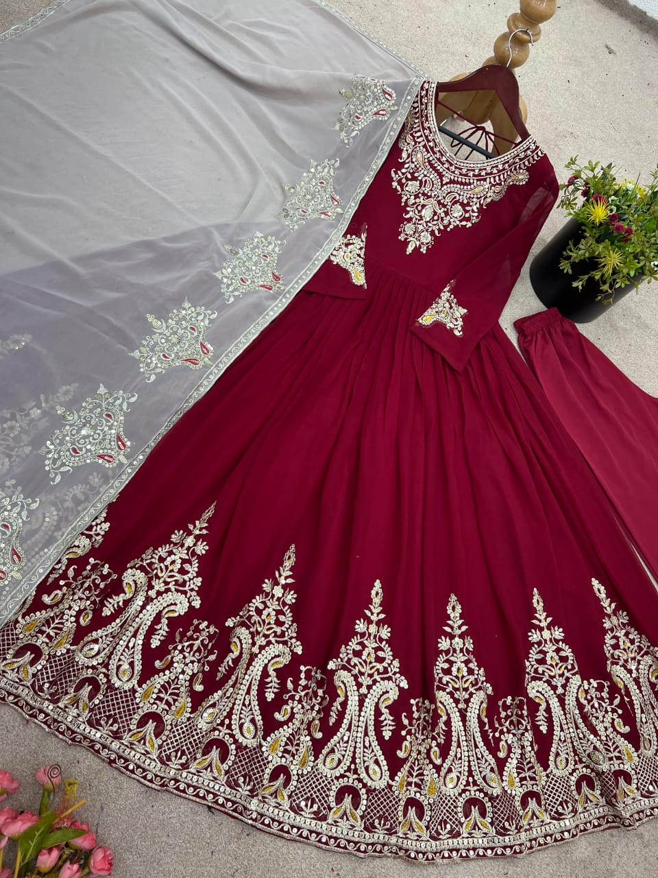 Heavy Georgette Dark red and White Embroidered Gowns with Dupatta – Fully Stitched (Sizes S to XXL)