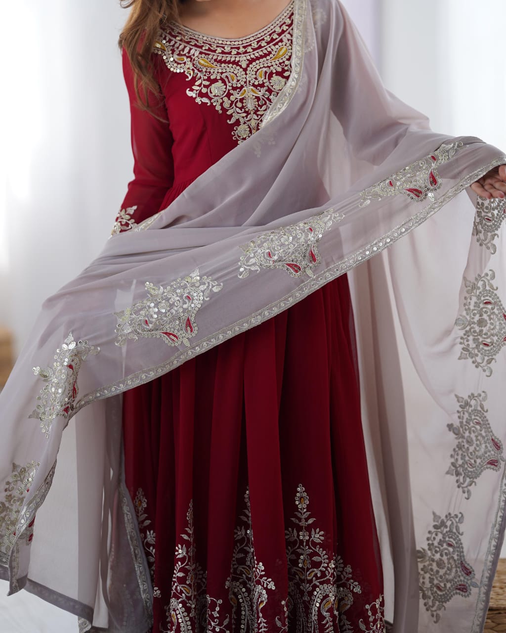 Heavy Georgette Dark red and White Embroidered Gowns with Dupatta – Fully Stitched (Sizes S to XXL)