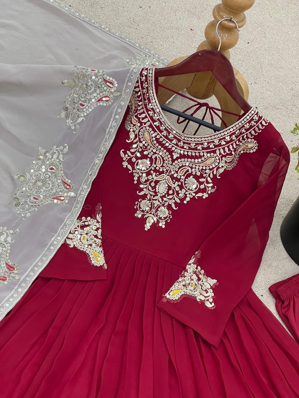 Heavy Georgette Dark red and White Embroidered Gowns with Dupatta – Fully Stitched (Sizes S to XXL)
