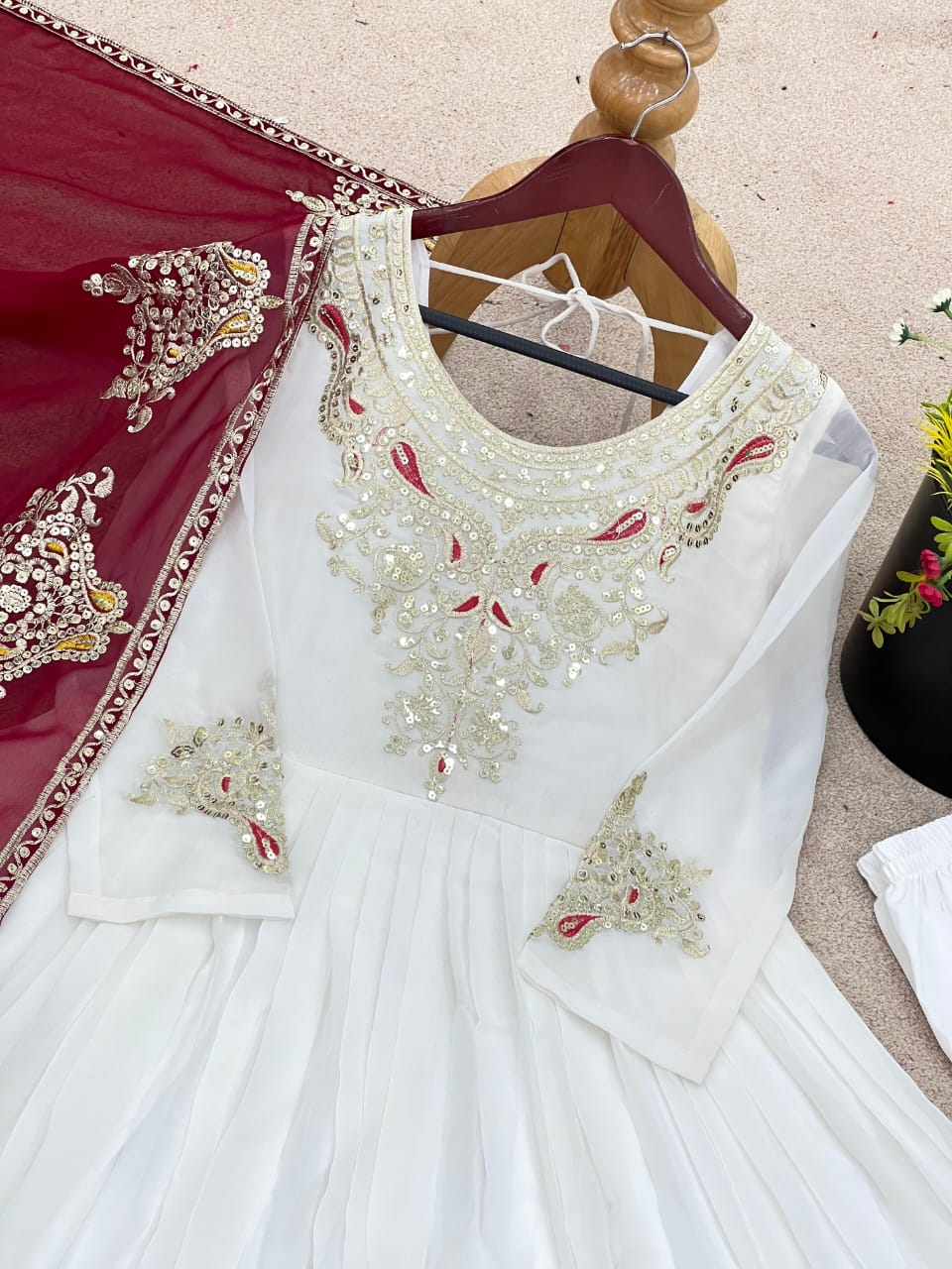 Heavy Georgette Dark red and White Embroidered Gowns with Dupatta – Fully Stitched (Sizes S to XXL)