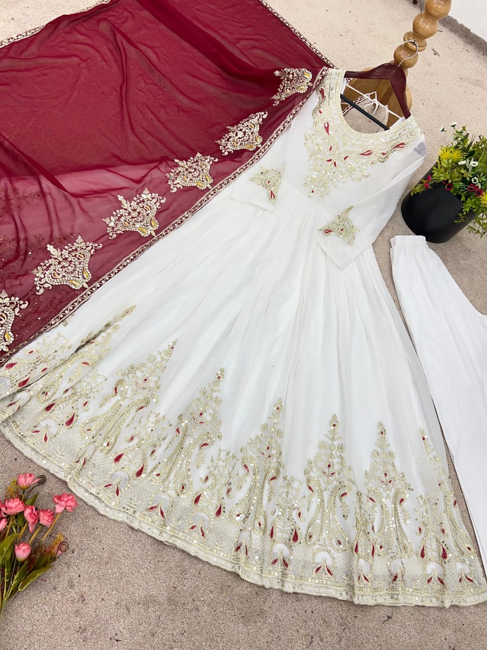 Heavy Georgette Dark red and White Embroidered Gowns with Dupatta – Fully Stitched (Sizes S to XXL)