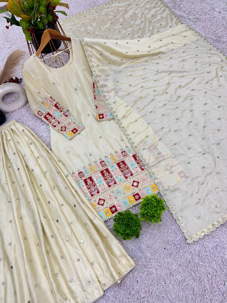 Cream Chinon Silk Embroidered Gharara Set with Dupatta – Fully Stitched (Sizes S to XXL)