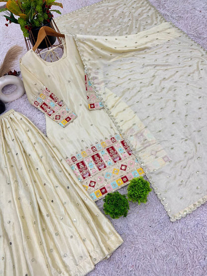 Cream Chinon Silk Embroidered Gharara Set with Dupatta – Fully Stitched (Sizes S to XXL)